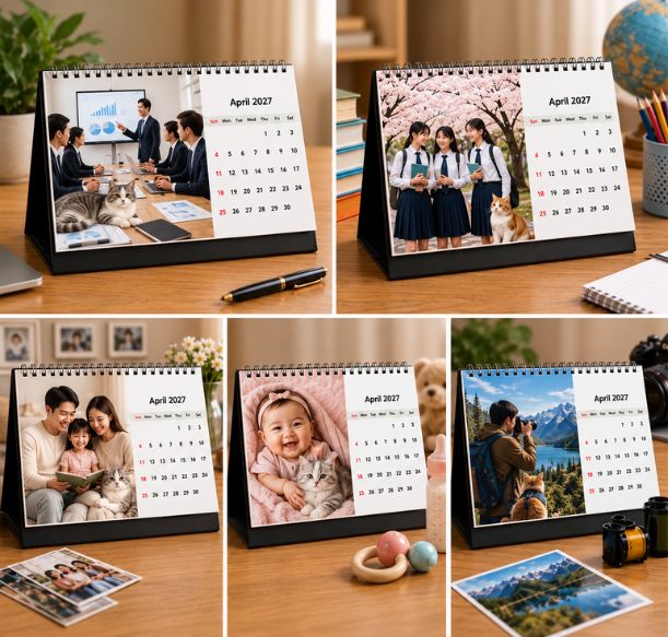 Make a 2027 desk calendar online with Japanese themes and custom photos.