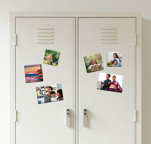 Custom fridge magnets displayed on a refrigerator in Japan
