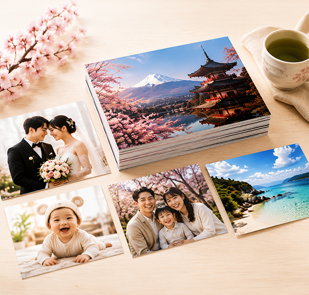 Photo printing services in Tokyo showing a stack of family photos
