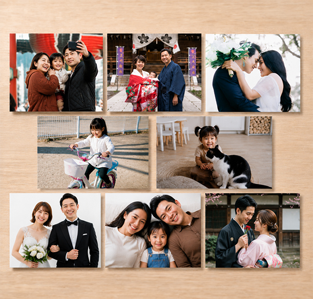 Japan photo printing services displaying family photos on a wall in Tokyo