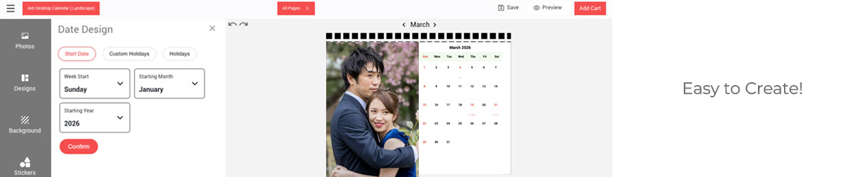 Personalized life calendar with your photos, online desk calendar for 2026.