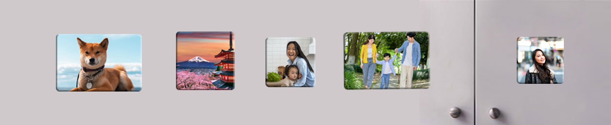Collection of Japan fridge magnets featuring family photos