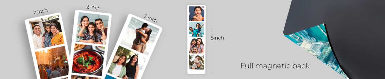 Various sized custom fridge magnets with clear dimensions, showing family moments with a unique kitchen decor touch 