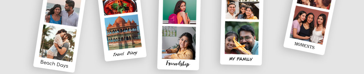 Personalised photo magnets arranged in a visually appealing layout, showcasing various family memories and occasions.