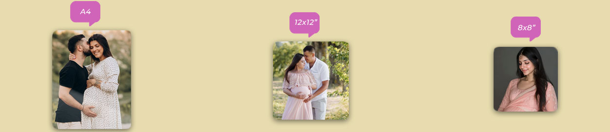 Various sized custom fridge magnets with clear dimensions, showing family moments with a unique kitchen decor touch 