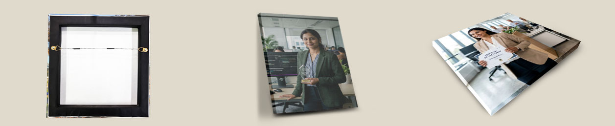 Personalised photo magnets arranged in a visually appealing layout, showcasing various family memories and occasions.