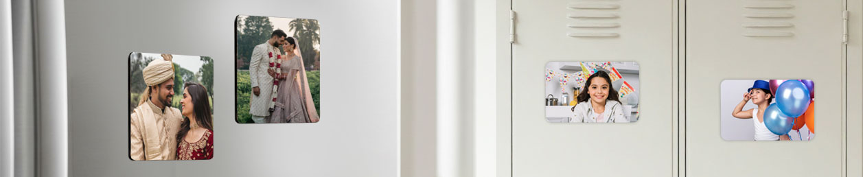 Personalised photo magnets arranged in a visually appealing layout, showcasing various family memories and occasions.