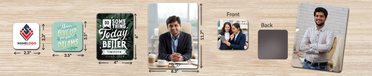 Various sized custom fridge magnets with clear dimensions, showing family moments with a unique kitchen decor touch 