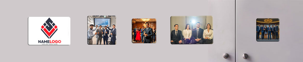 Personalised photo magnets arranged in a visually appealing layout, showcasing various family memories and occasions.