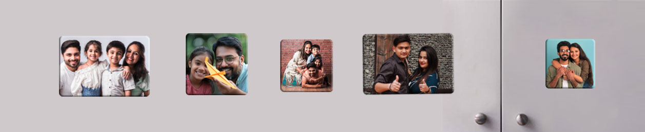Personalised photo magnets arranged in a visually appealing layout, showcasing various family memories and occasions.