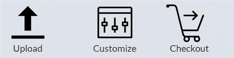Icons for uploading, cropping, customising, and checking out for creating your perfect fridge magnet online