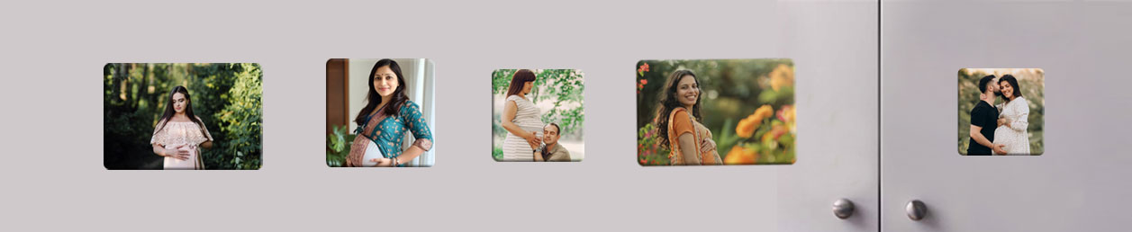 Personalised photo magnets arranged in a visually appealing layout, showcasing various family memories and occasions.