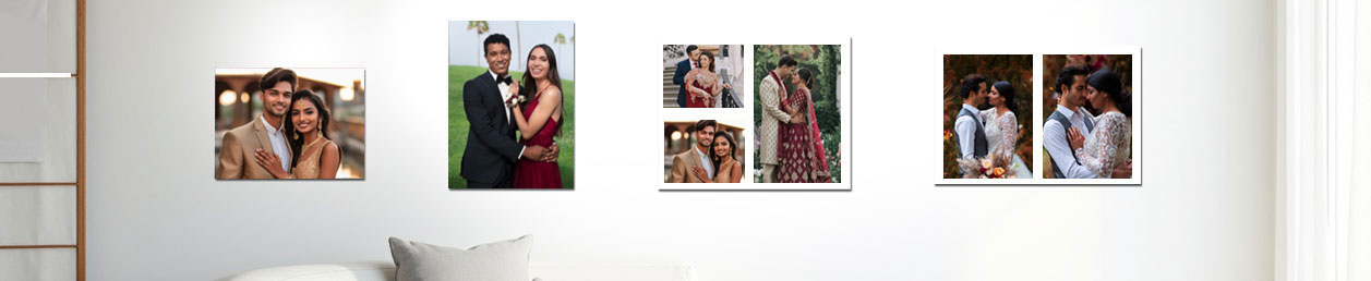 Personalised photo magnets arranged in a visually appealing layout, showcasing various family memories and occasions.