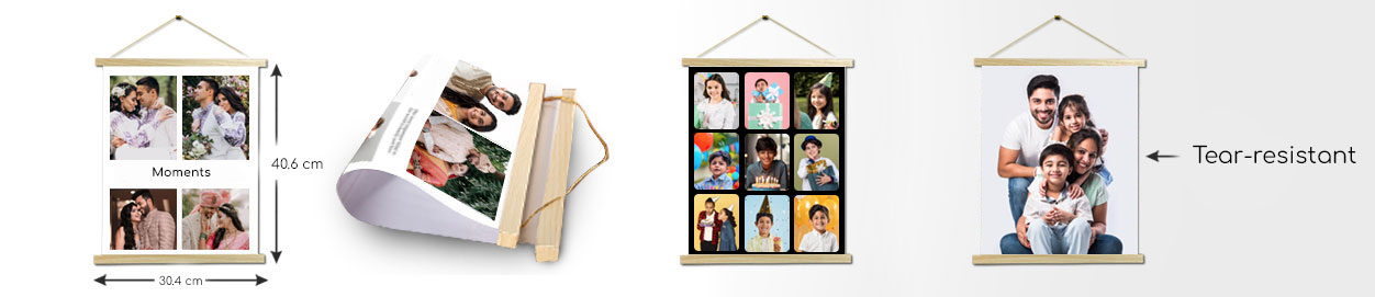 Personalised photo magnets arranged in a visually appealing layout, showcasing various family memories and occasions.
