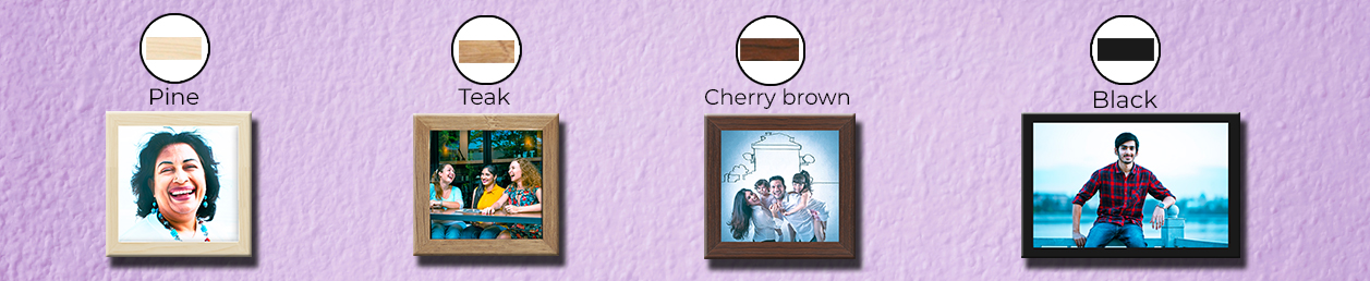 Selection of wall photo frame materials: pine, teak, cherry, black