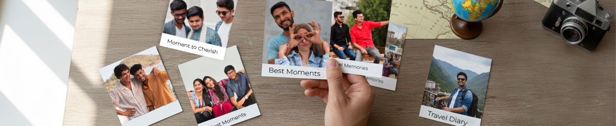Personalised photo magnets arranged in a visually appealing layout, showcasing various family memories and occasions.