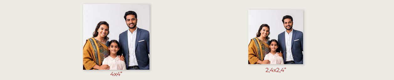 Square prints hung on a wall with a plant and cup nearby, displaying cheerful family moments and creating a lively ambiance.