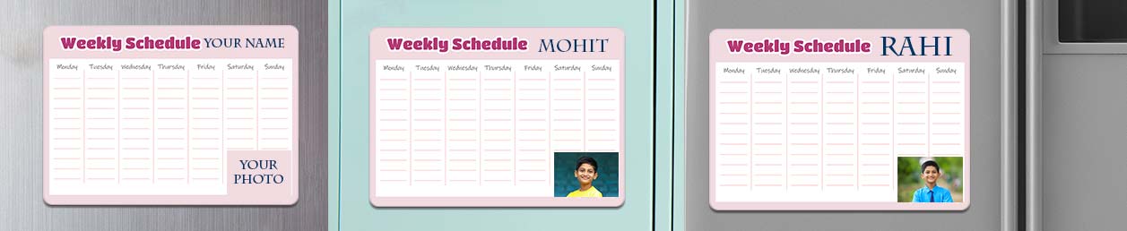 Three magnetic planners for personalization with names and photos on a fridge