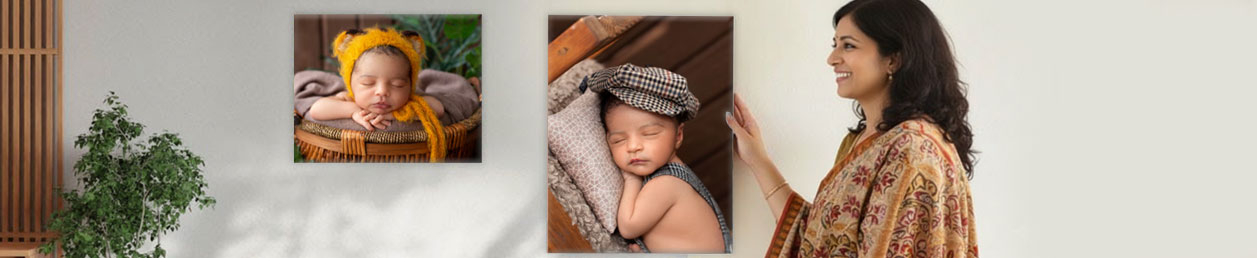 Various sized custom fridge magnets with clear dimensions, showing family moments with a unique kitchen decor touch 