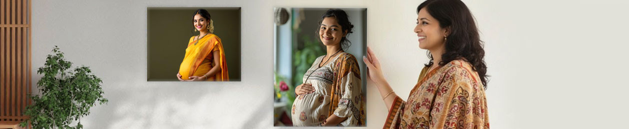 Various sized custom fridge magnets with clear dimensions, showing family moments with a unique kitchen decor touch 