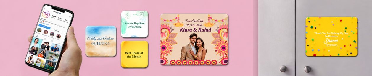 Customised fridge magnets featuring Instagram photos on a pink background, perfect for displaying memories