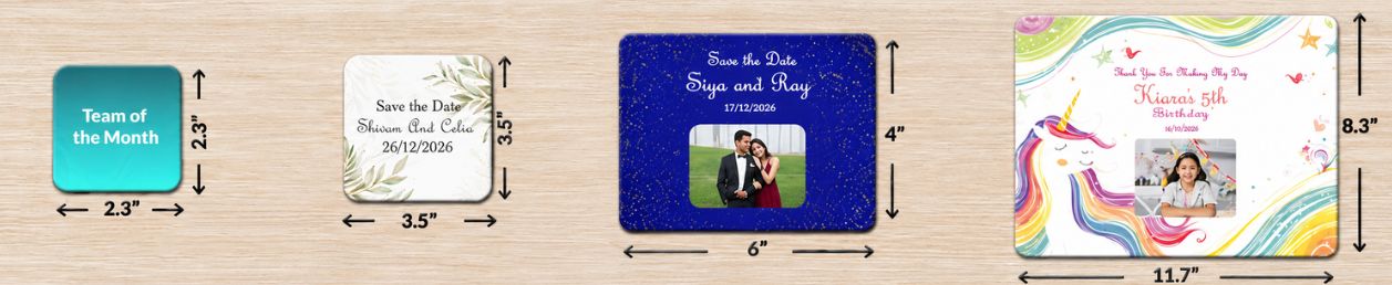 Various sized custom fridge magnets with clear dimensions, showing family moments with a unique kitchen decor touch 