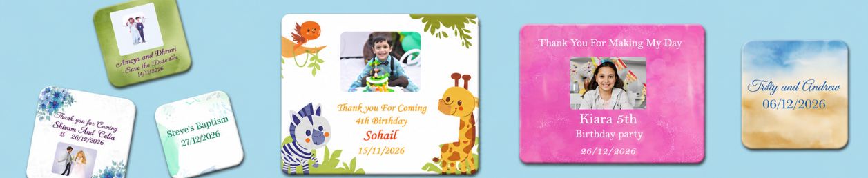 Personalised photo magnets arranged in a visually appealing layout, showcasing various family memories and occasions.