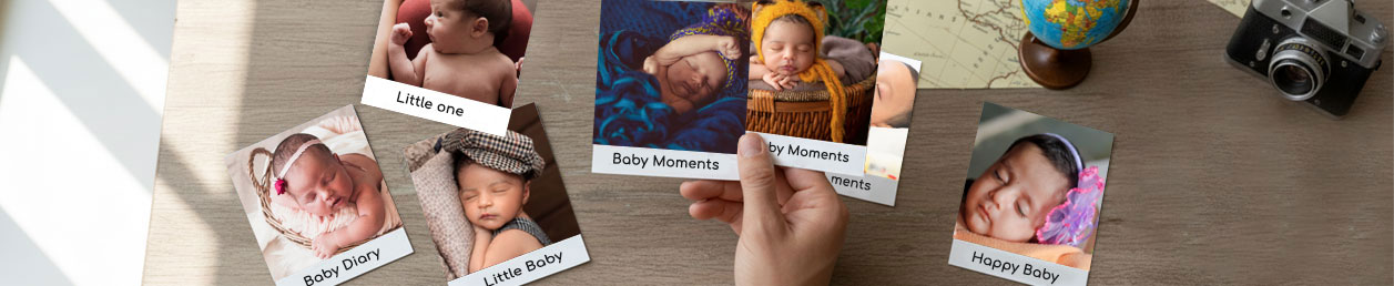 Personalised photo magnets arranged in a visually appealing layout, showcasing various family memories and occasions.