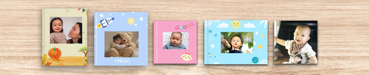 Custom baby photo book with design template, showcasing an easy-to-use photo album tool for families to create lasting memories