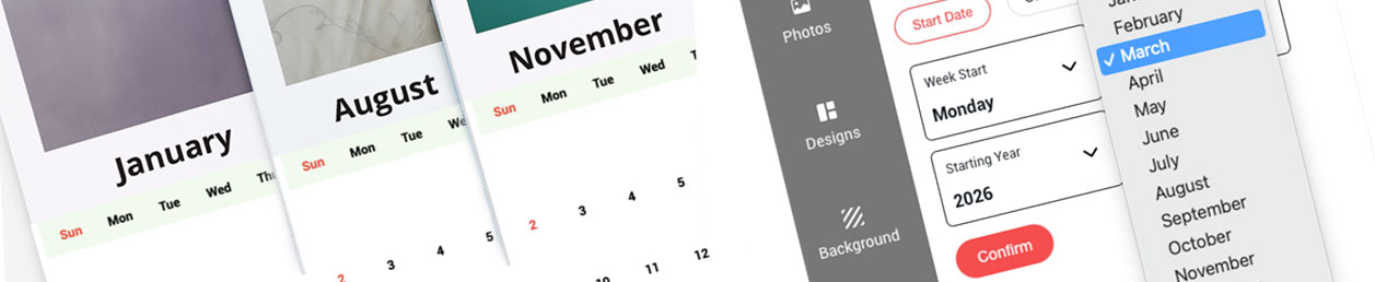 Personalized wall calendar Singapore with start on any month feature, custom photo and desk calendar printing for Woodlands homes