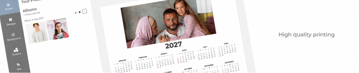 Online design tool interface for creating a custom photo calendar, showing a user selecting a starting month