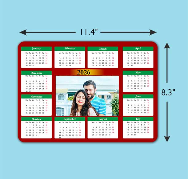 Magnetic fridge calendar with dimensions and a couple's photo for 2025