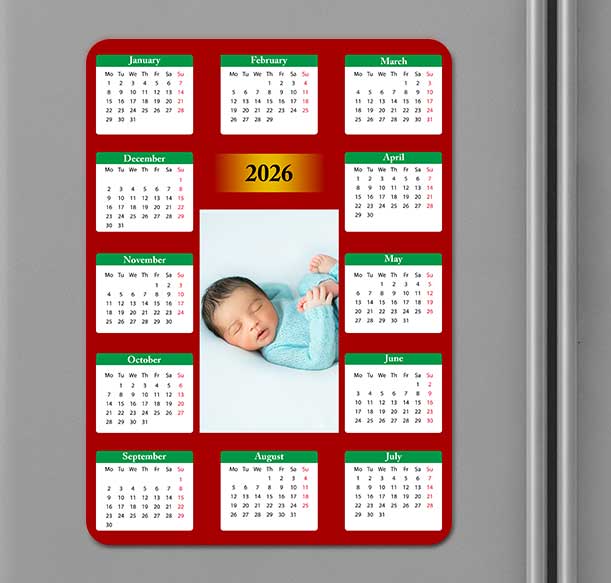 2025 magnetic calendar with a baby photo, red and green design