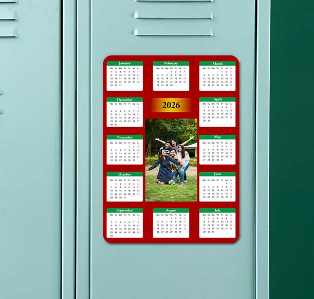 2025 magnetic fridge calendar with a joyful group photo, red frames.