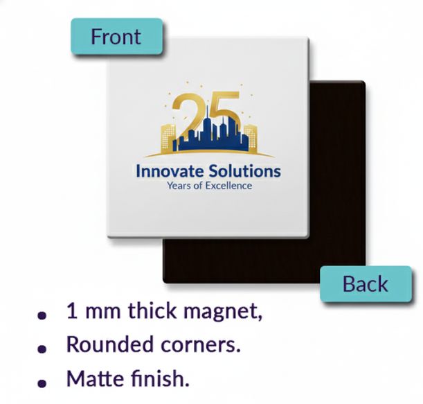 Custom photo magnets on a fridge featuring a dog photo, personalised with rounded corners and a matte finish.