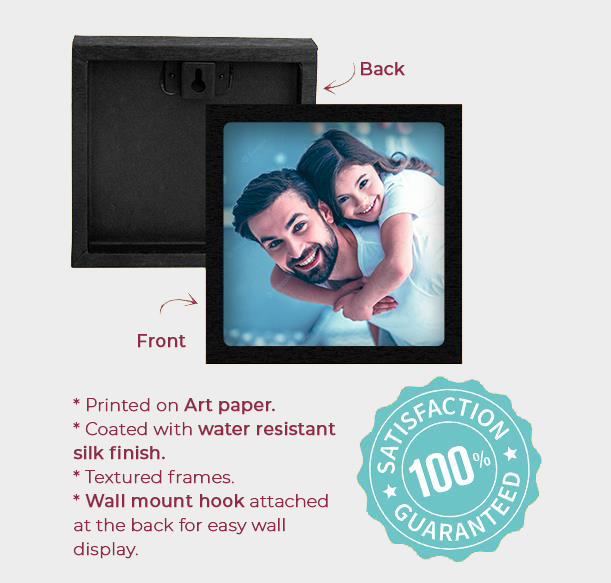 Personalized wall photo frame maker example with a satisfaction guarantee for custom designs.