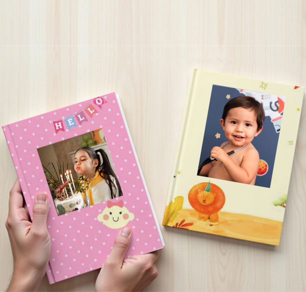 Promotional image for an elegant baby album online with soft hues—a perfect 1st birthday gift for a baby girl.