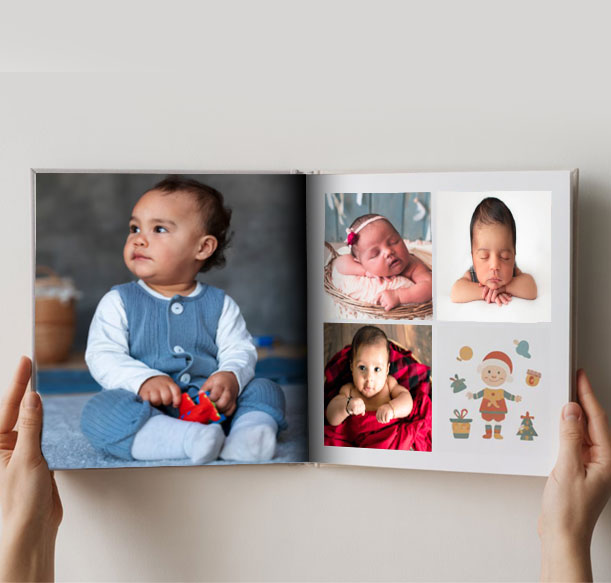Colorful baby photo album design featuring high-quality printing, making it a memorable 1st birthday gift.