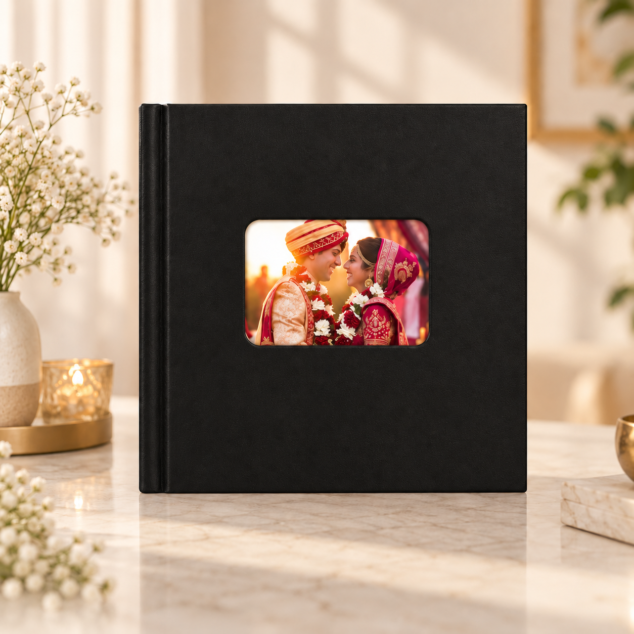 Personalized leather wedding photo album with custom cover and photo window showcasing bride and groom, ideal for wedding memories