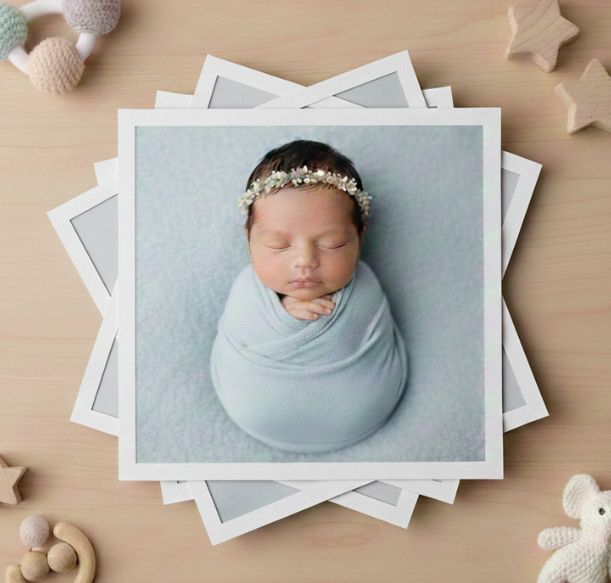 A hand holding a square print photo of a baby with red and pink balloons, surrounded by other square prints showcasing special moments.