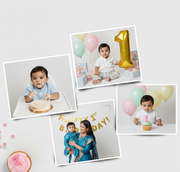 Square prints of family moments pinned on a string above a birthday cake, showcasing happy memories and celebratory vibes.