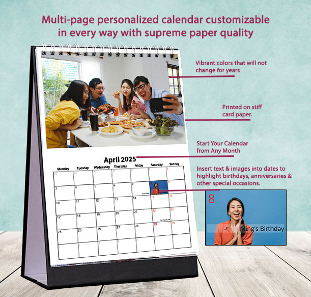 Customized desk calendar 2025 Singapore, offering table calendar printing with personal photos and captions