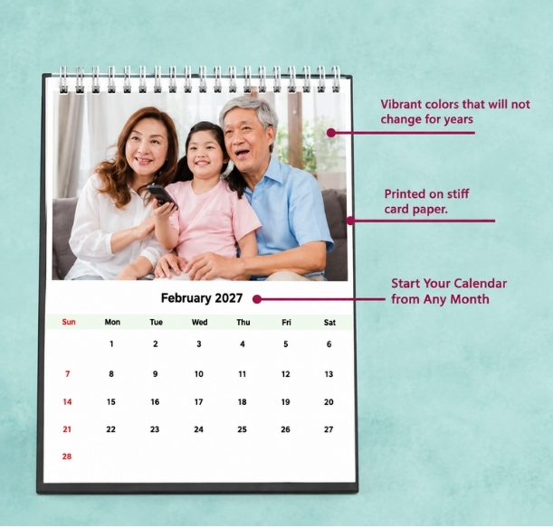 Desk calendar Singapore 2027 with birthday highlights, for families and corporate Christmas gifts