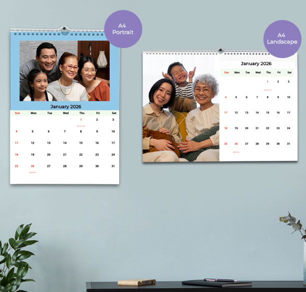 Personalized wall calendar Singapore 2025 A4 portrait design with family photo, perfect for wall calendar printing Singapore City and Jurong