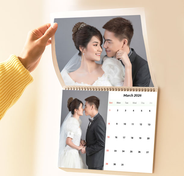 Family photo wall calendar Singapore A3 portrait wedding design, personalized wall calendar printing for Singapore City weddings