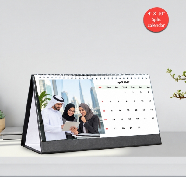 Personalised family desktop calendar 2027, printed in UAE with custom photo options for schools, businesses, and offices