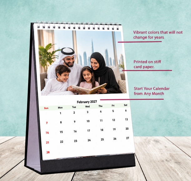 High-quality vibrant tabletop calendar 2027, printed in UAE for corporate offices, schools, and NGOs