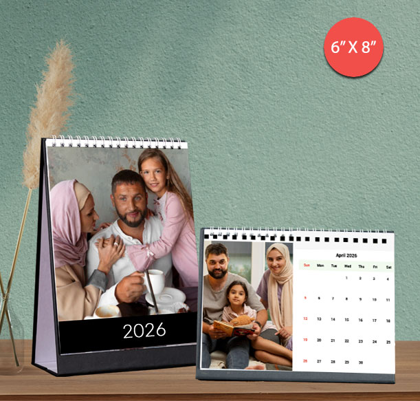 Custom couple with family desk calendar 2025-2026, available in UAE for businesses, schools, and offices