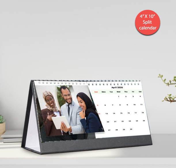 Personalised family desktop calendar 2025-2026, printed in UAE with custom photo options for schools, businesses, and offices
