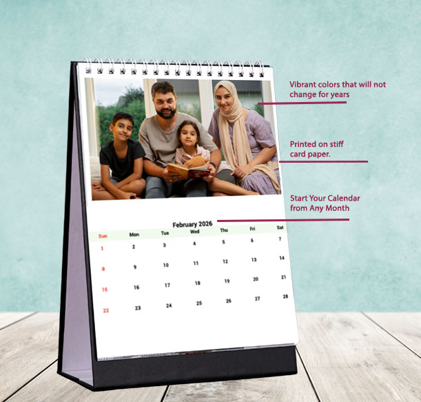 High-quality vibrant tabletop calendar 2025-2026, printed in UAE for corporate offices, schools, and NGOs